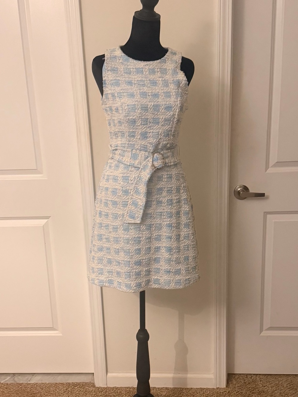 Taylor Blue and White Textured Sleeveless Belted Dress